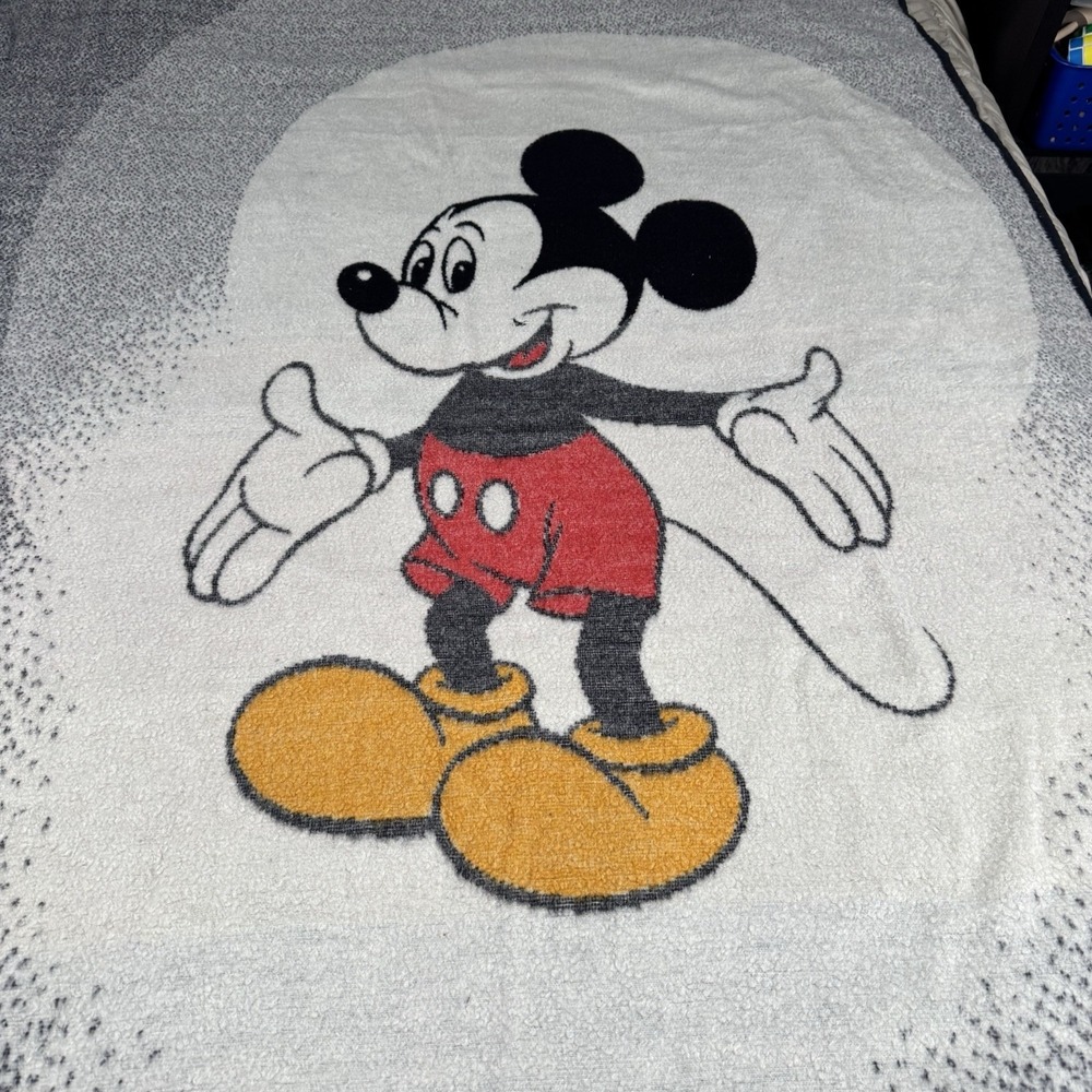 Vtg Biederlack Blanket MICKEY MOUSE Black White Reversible Disney 52x76 ***FLAWS